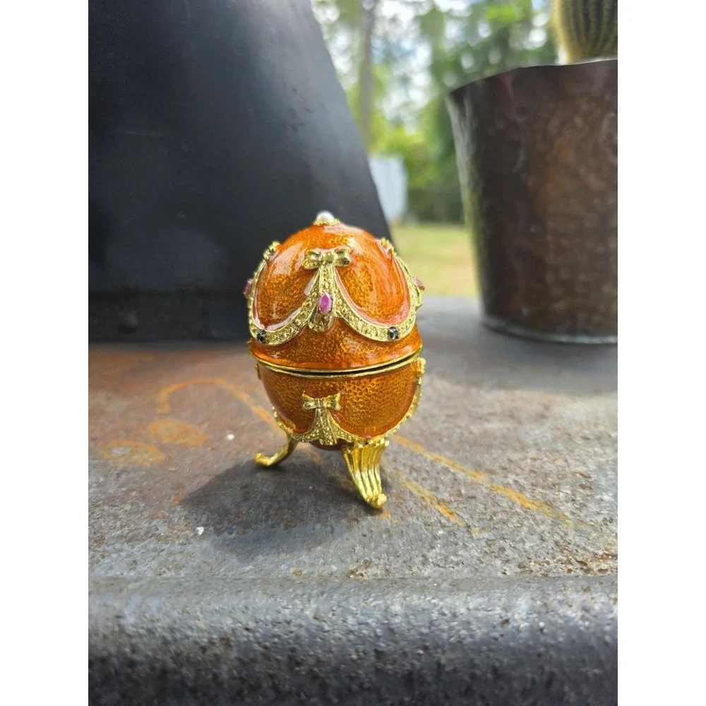 VTG Musical Jeweled Egg‎ Trinket Box Faberge Egg-style Farmer In Dell Gold READ